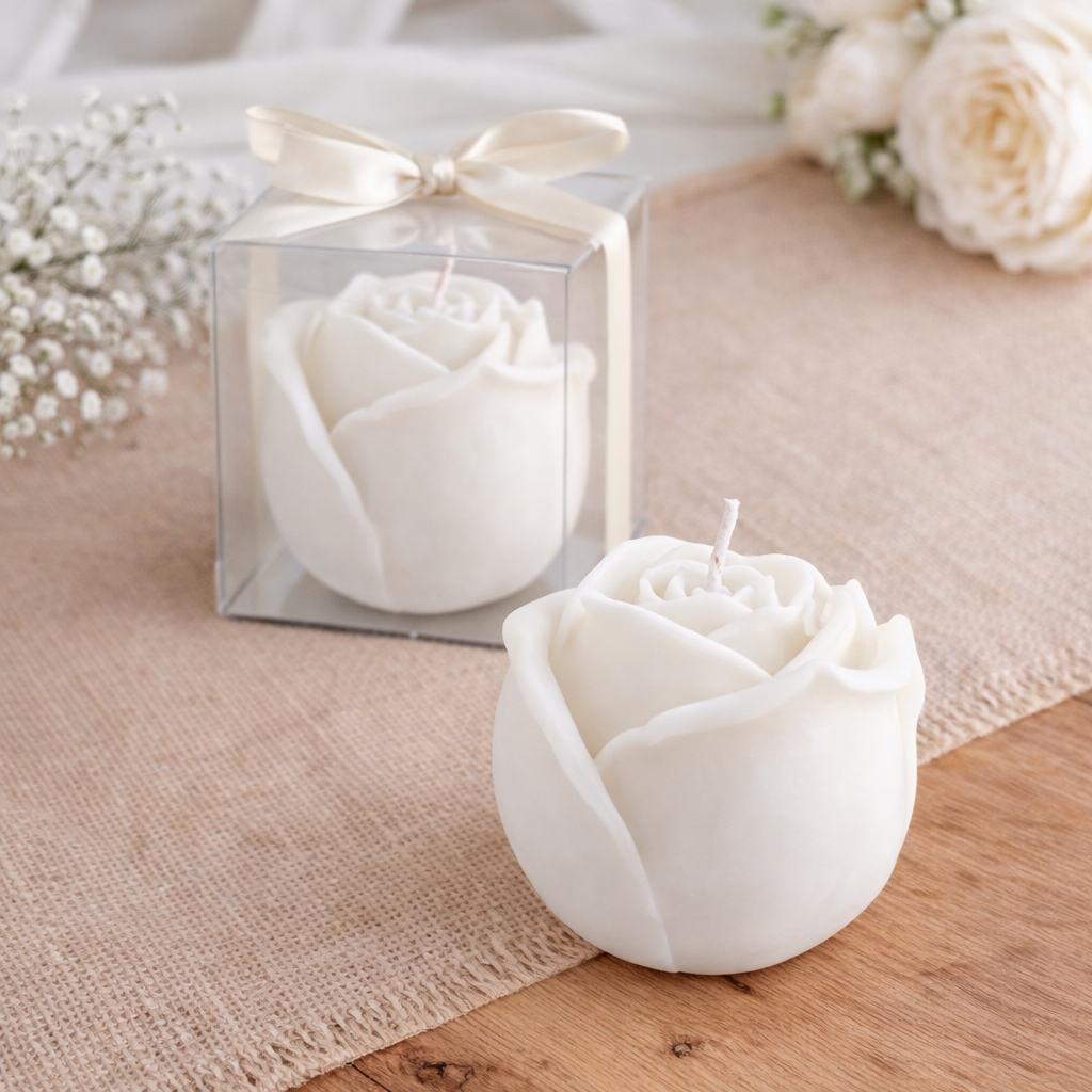 Vela lembrança em forma de rosa 100g. Personalizável para casamentos, batizados e comunhões. Tsuki Studio.
