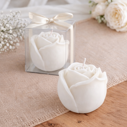 Vela lembrança em forma de rosa 100g. Personalizável para casamentos, batizados e comunhões. Tsuki Studio.