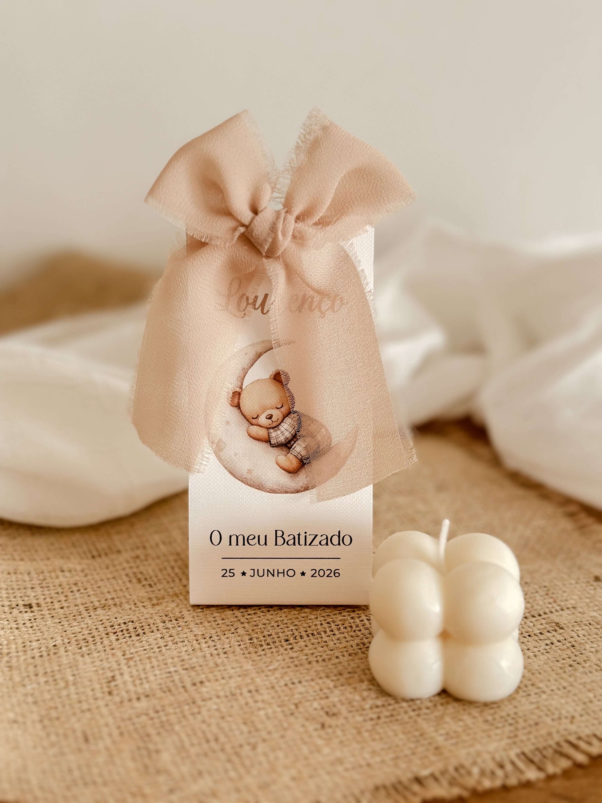 Mini vela bubble em embalagem premium para batizados, casamentos e baby showers. Tsuki Studio.