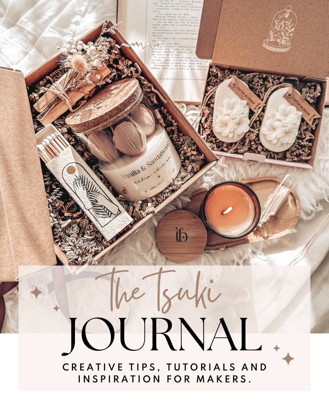 Composition of handmade candles with wooden wick, open gift box with palo santo and dried flowers, beige and white decor with natural light