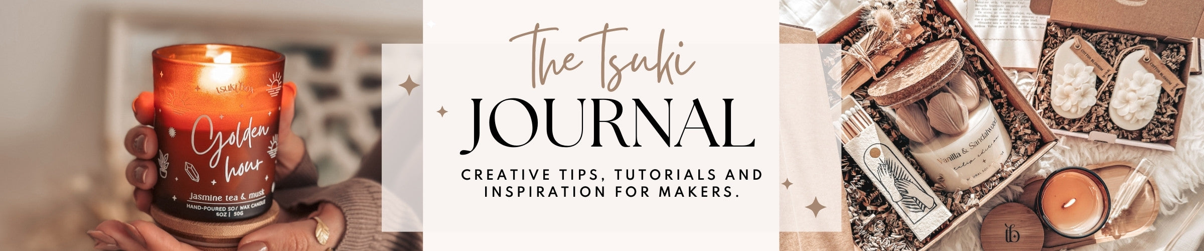 Handmade candles and gift box with palo santo, dried flowers and cosy decor in beige tones, creative tips, tutorials and inspiration for candle makers